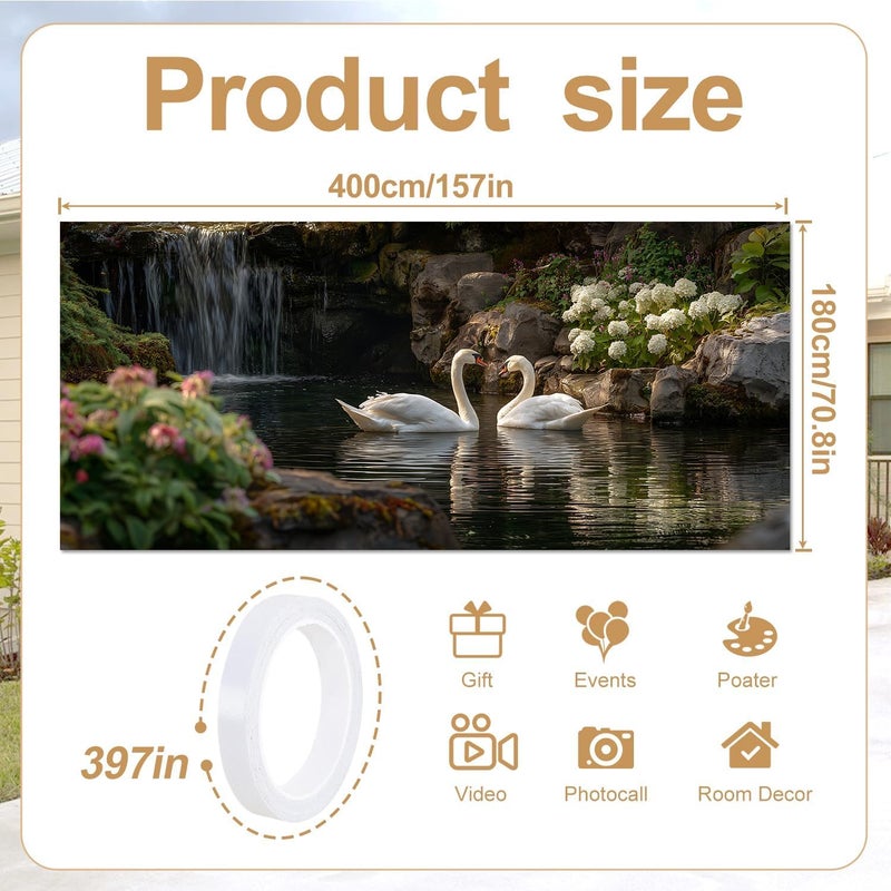THISFIND Elegant Swan Pond Garage Door Banner – Romantic Waterfall Scene with Floral Garden for Outdoor Home Decor - Image 2